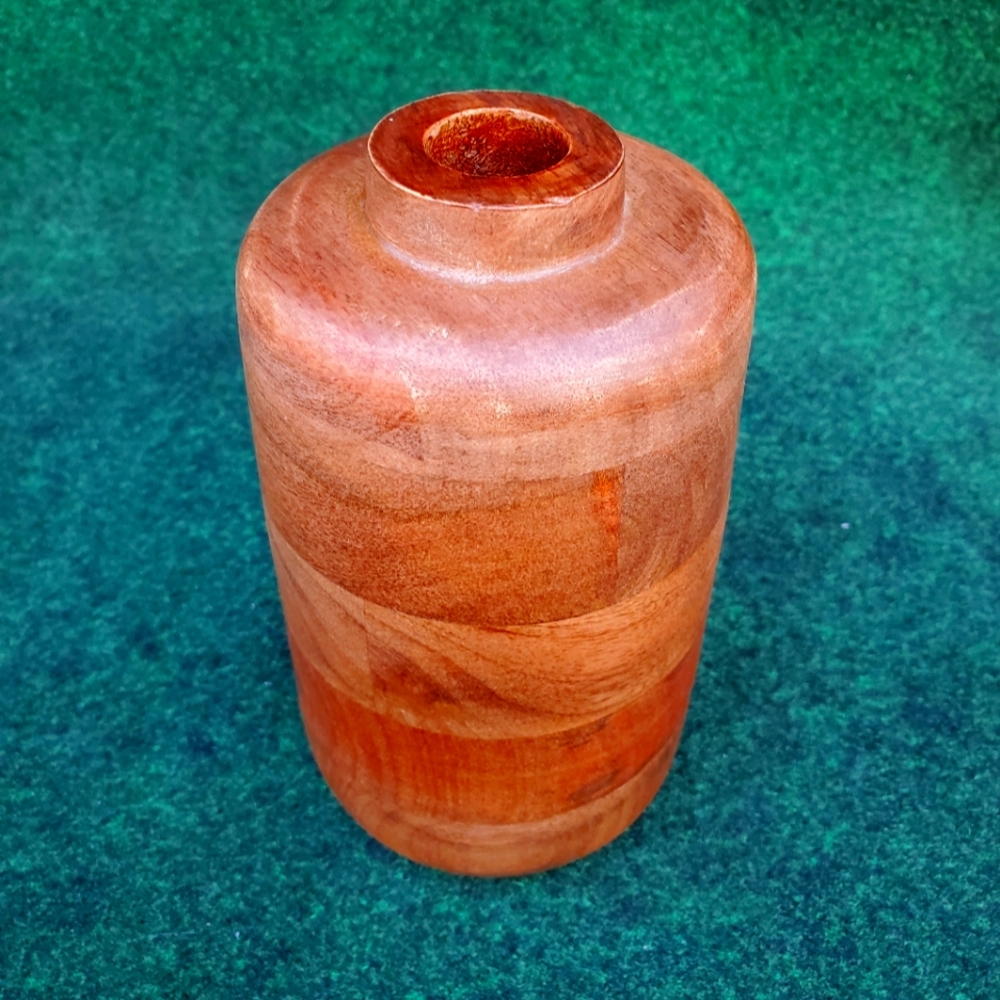 English Walnut Wood Vase 6".5"x4" Hand Turned Numbered 2113 Sticker MCM